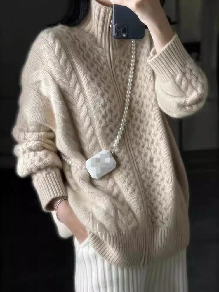 Adeline Gilet Zippé Femme à Col Roulé Maille Torsadée Chaude avec Coupe aux Hanches pour l’Automne/Hiver, vue 2