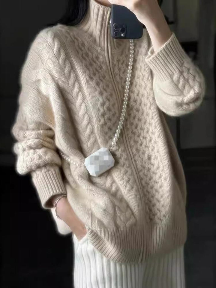 Adeline Gilet Zippé Femme à Col Roulé Maille Torsadée Chaude avec Coupe aux Hanches pour l’Automne/Hiver, vue 2
