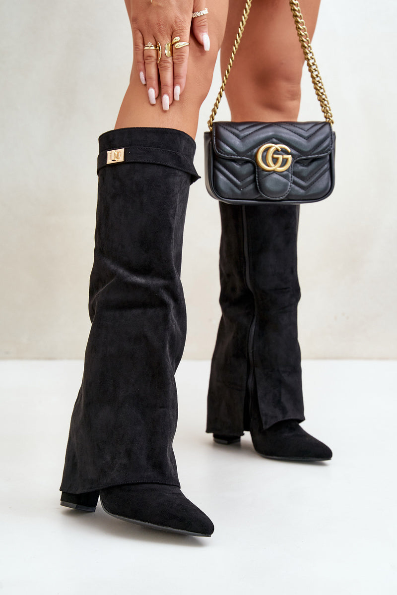 Amélie Bottes Hautes Bottes en Suédine Noire avec Bout Pointu & Détails Élégants