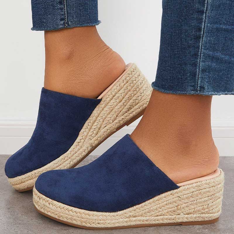Mika Mules Compensées Femme Bleu Marine, Style Espadrille Chic & Confort Optimal