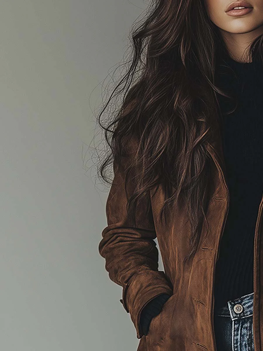 Trench Vintage Femme Effet Daim – Manteau Mi-Long Élégant pour l'Automne